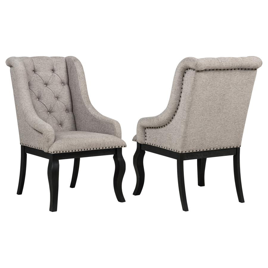 Phelps Upholstered Dining Arm Chair Tan Distressed Noir (Set of 2) | Brown | Tan / Distressed Noir | 121233