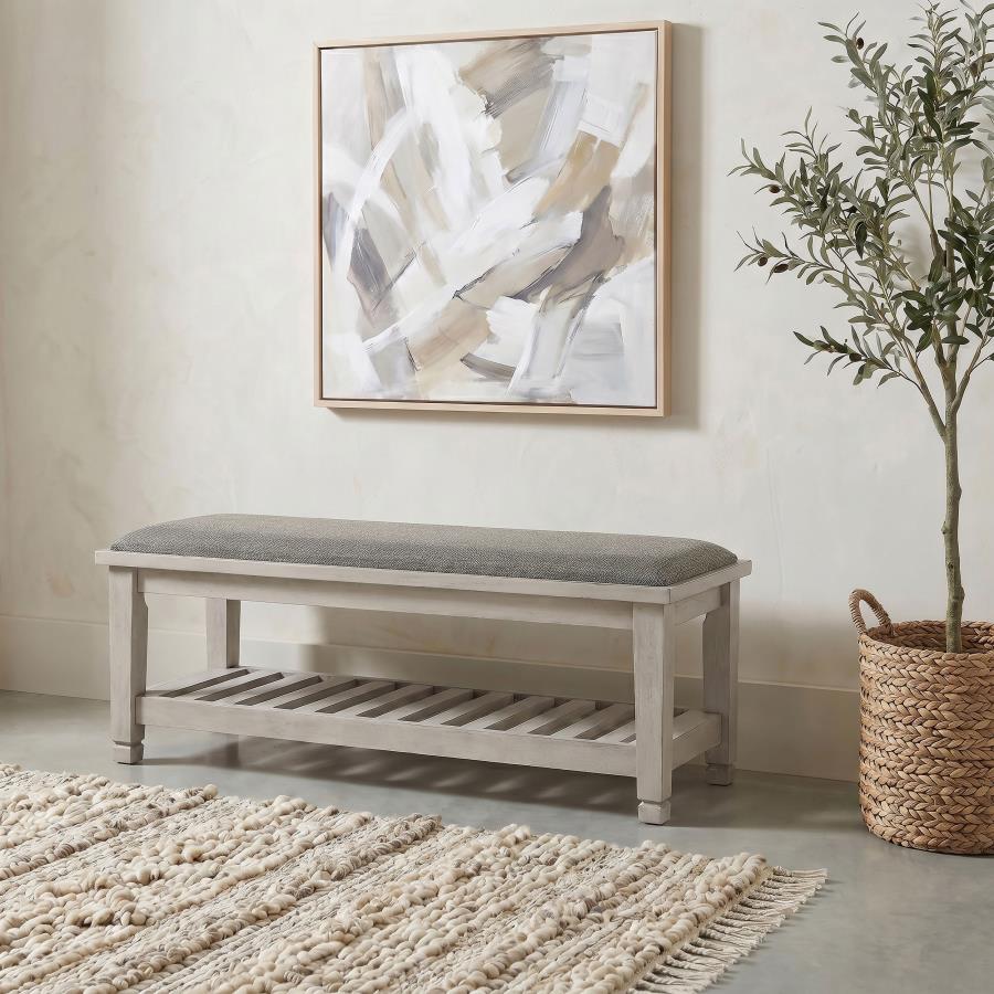 Franco Fabric Upholstered Bench with Shelf Distressed White | Ivory | Distressed White | 205337