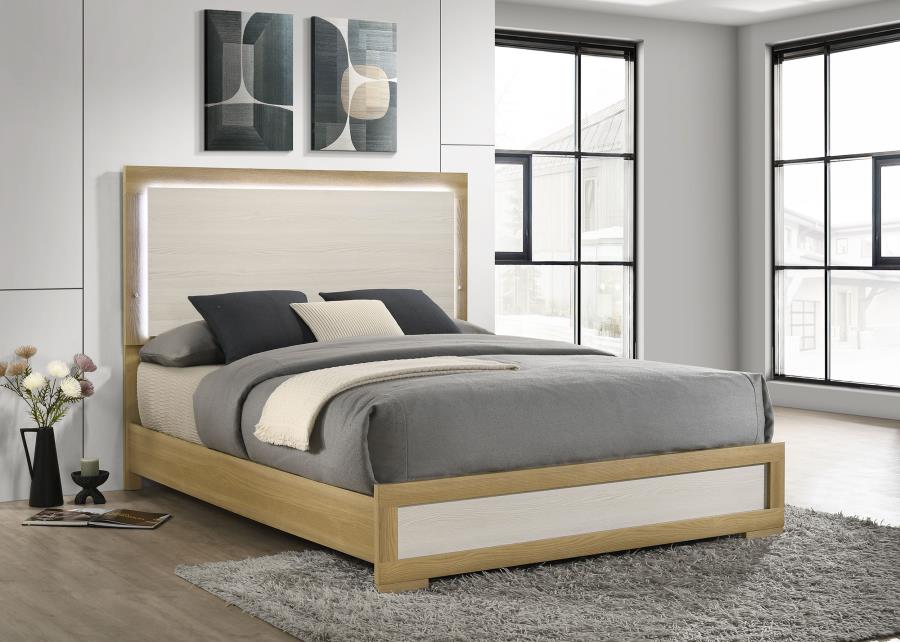 Hyland Wood Queen LED Panel Bed Natural and White | Queen | Beige | Natural | 215651Q