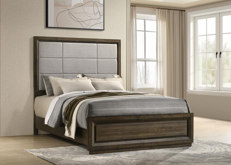 Atlas 64-inch Queen Upholstered Panel Bed Grey and Dark Oak