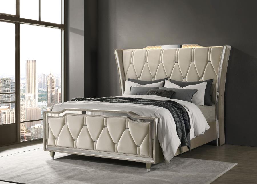 Lorient Queen LED Upholstered Wingback Bed Ivory and Camel | Queen | Ivory | Ivory / Camel | 222661Q