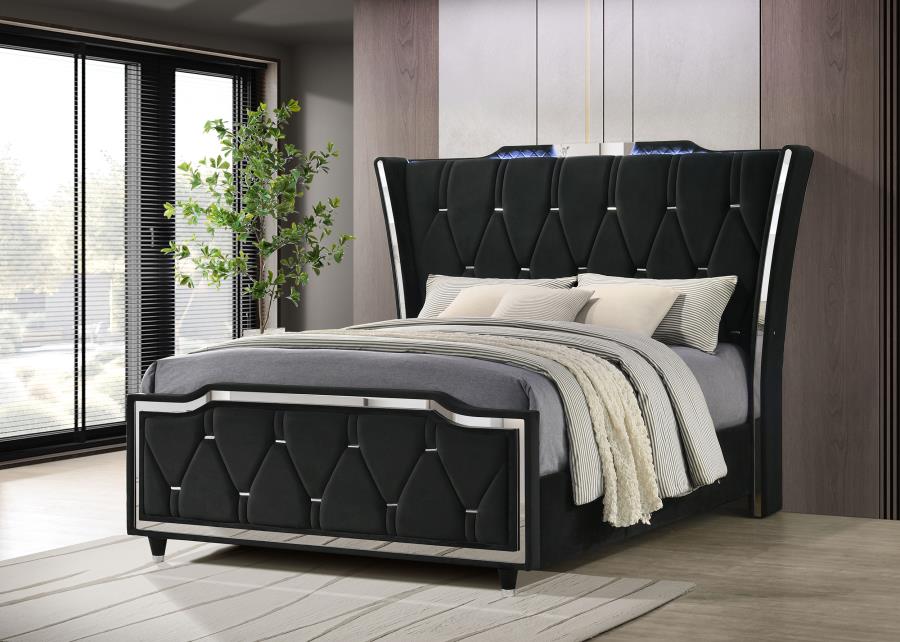 Lorient Queen LED Upholstered Wingback Bed Black | Queen | Black | 223161Q