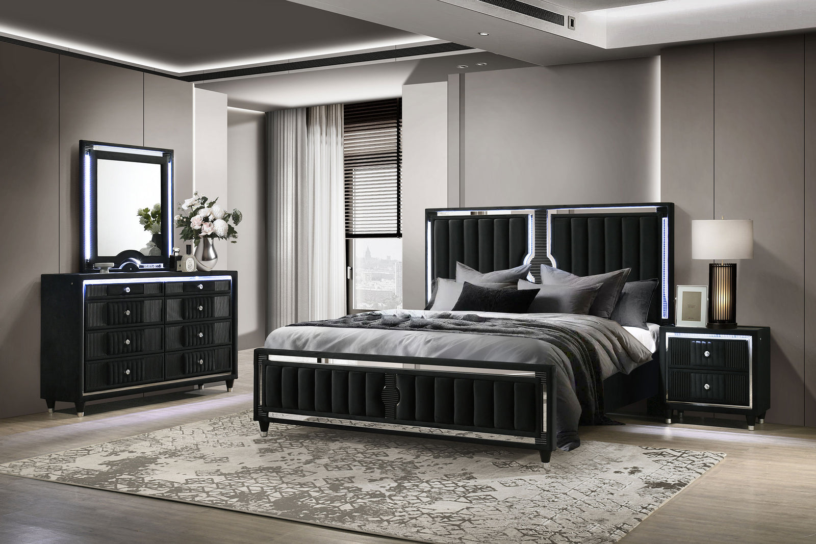 Ravenne 4-piece Velvet Upholstered Queen LED Bedroom Set Black | Queen / 4-piece | 223191Q-S4