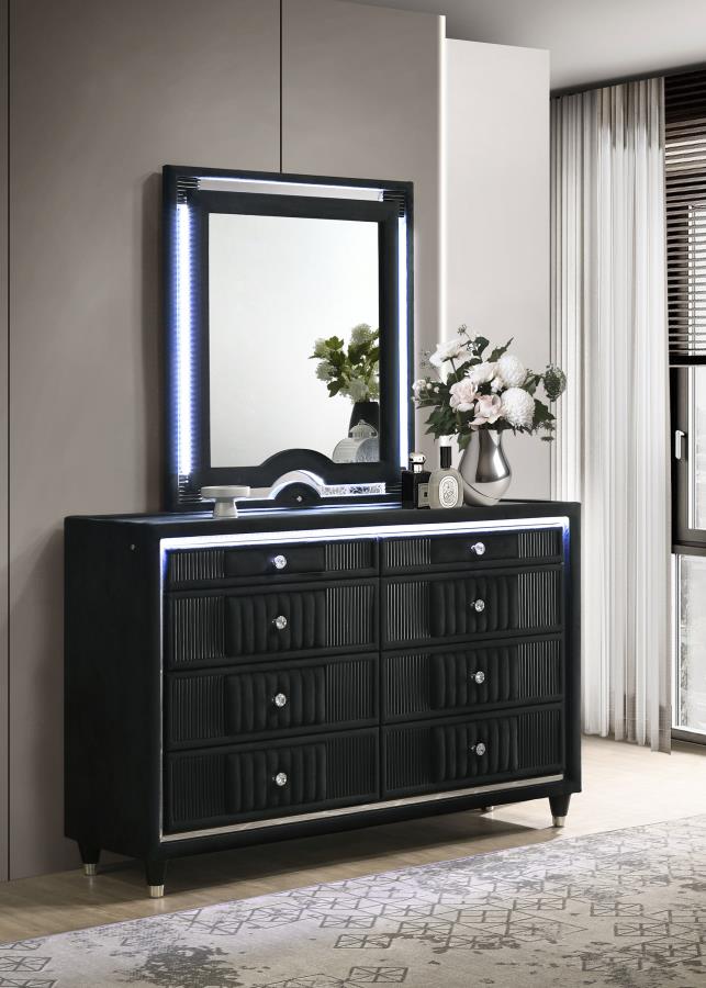 Ravenne 8-drawer Velvet Upholstered LED Dresser and Mirror Black | Black | 223193M