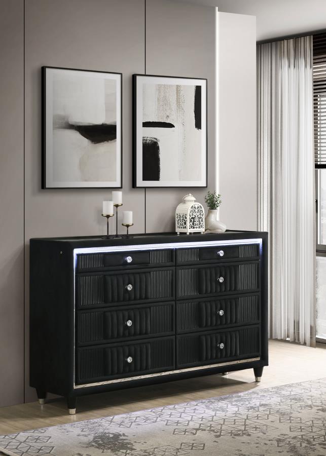 Ravenne 8-drawer Velvet Upholstered LED Dresser Cabinet Black
