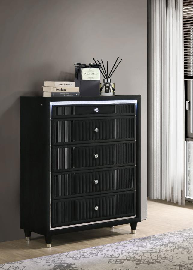 Ravenne 5-drawer Velvet Upholstered LED Chest of Drawers Black | Black | 223195