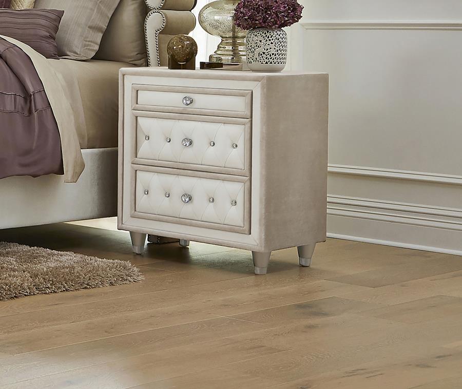 Antonella Upholstered 3-drawer Nightstand Ivory and Camel | Beige | Ivory / Camel | 223522
