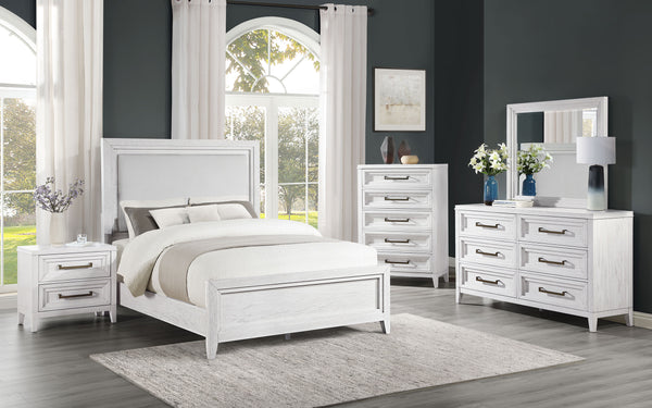 Emory Queen Upholstered Panel Bed Distressed White