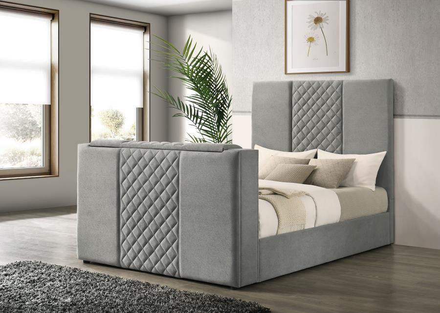 Tara 61-inch Upholstered Queen Panel TV Bed Grey | Queen | Grey | 315994Q