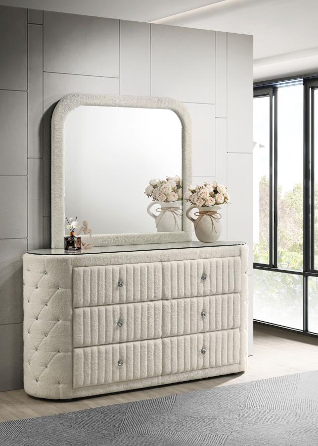Sonya 6-drawer Upholstered Bedroom Dresser with Mirror Ivory | Ivory | 360113M