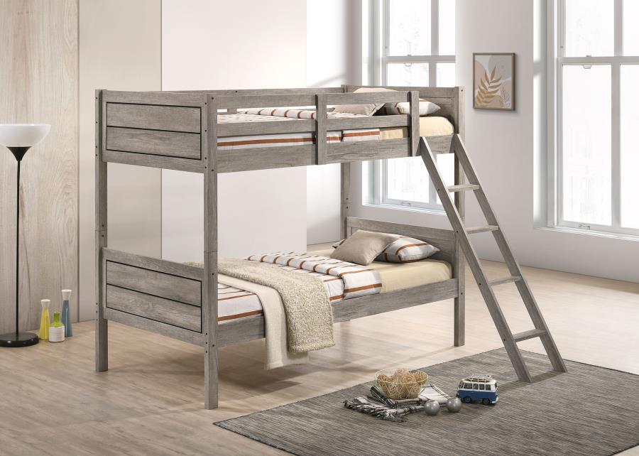 Ryder Wood Twin Over Twin Bunk Bed with Mattress Weathered Taupe | King | Grey | Weathered Taupe | 400818-SM