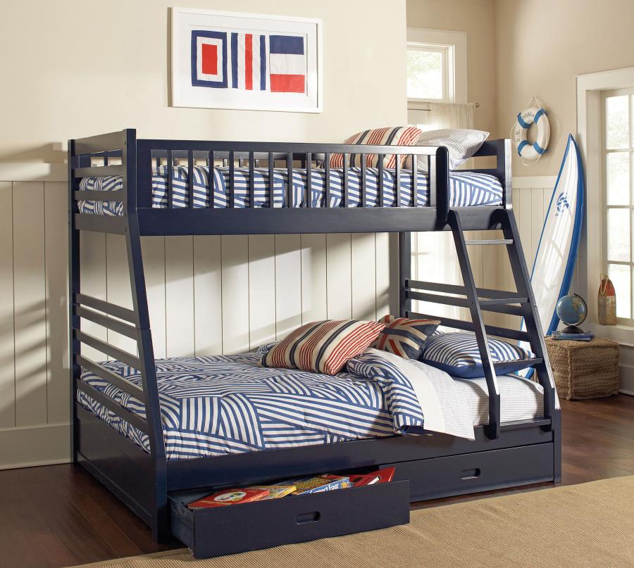 Ashton 2-drawer Wood Twin Over Full Bunk Bed Navy Blue | Full | Blue | Navy Blue | 460181