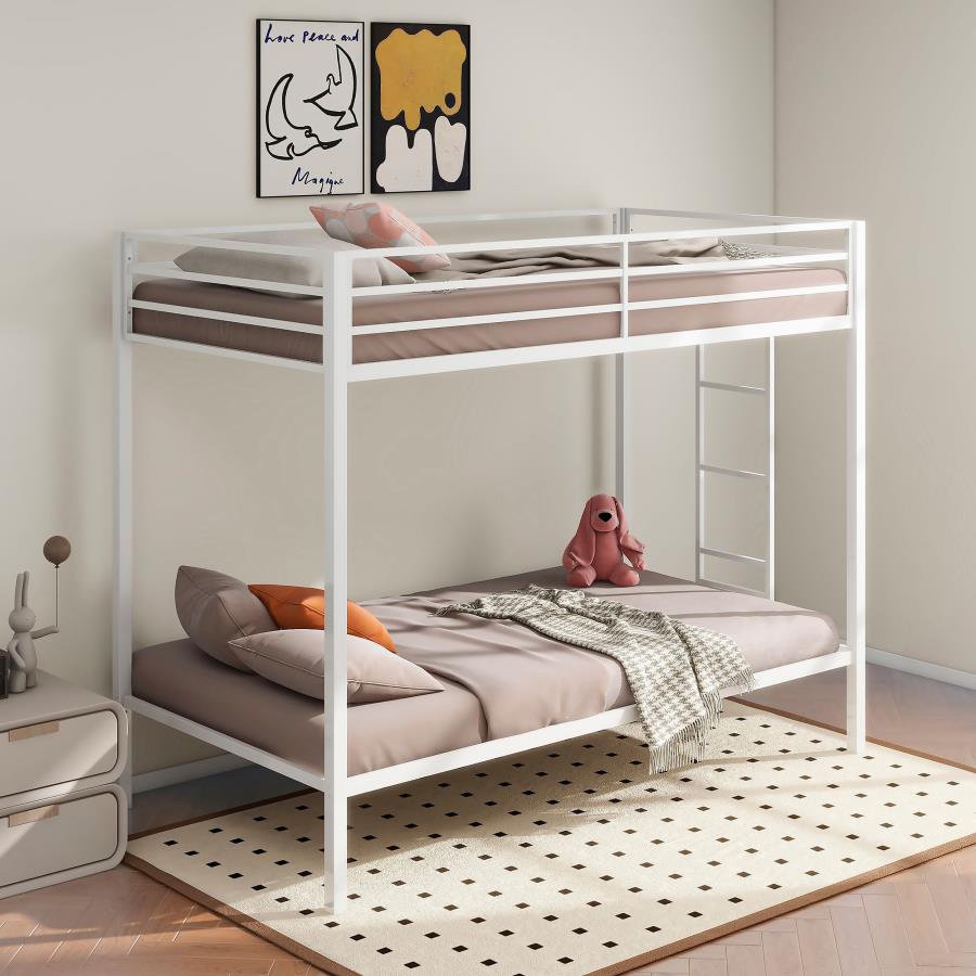 Alevera Metal Twin Over Twin Bunk Bed with Ladder White | Twin | White | Matte White | 460361WHT