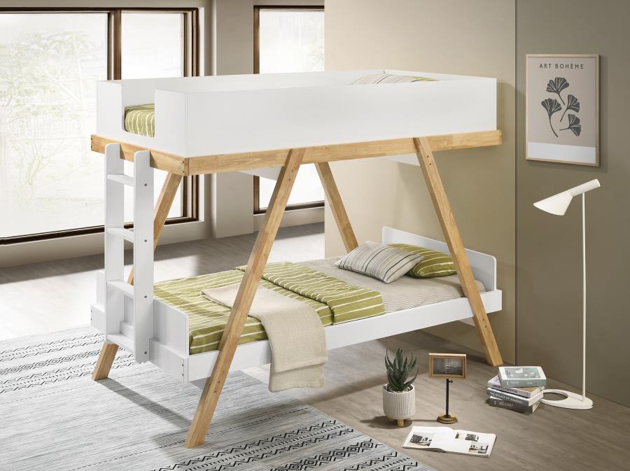 Frankie Wood Twin Over Twin Bunk Bed White and Natural | 460570T