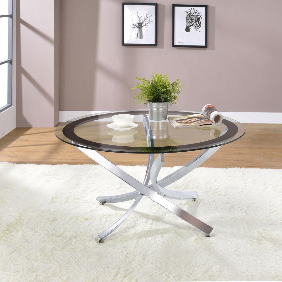 Brooke Round Glass Top Coffee Table Metal Base Chrome | Full | Silver | Chrome | 702588