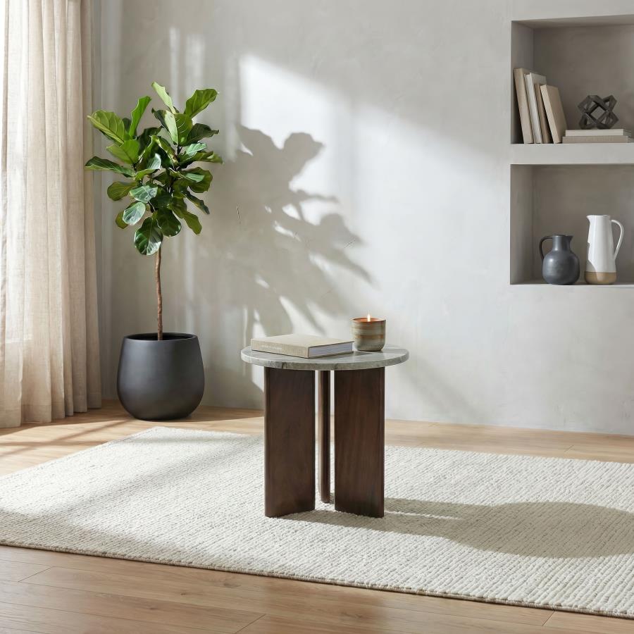Jenna Round Marble Top Mango Wood Side End Table Brown | White | Brown | 706167