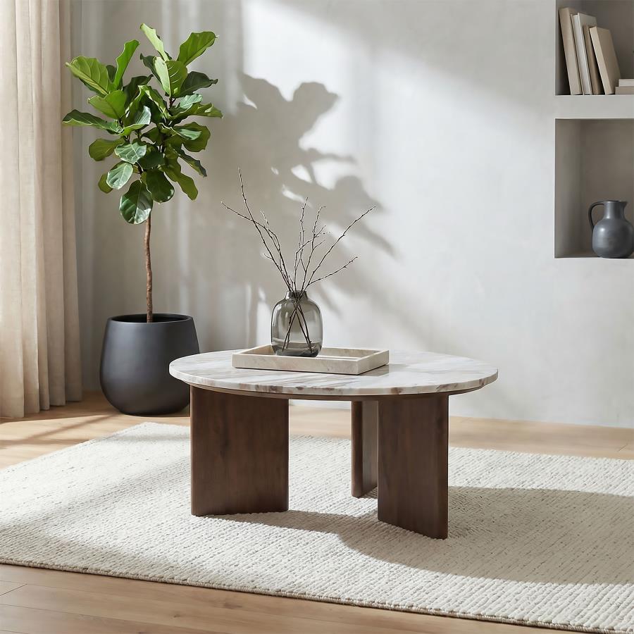 Jenna 35-inch Round Marble Top Cocktail Coffee Table Brown | King | Beige | Brown | 706168