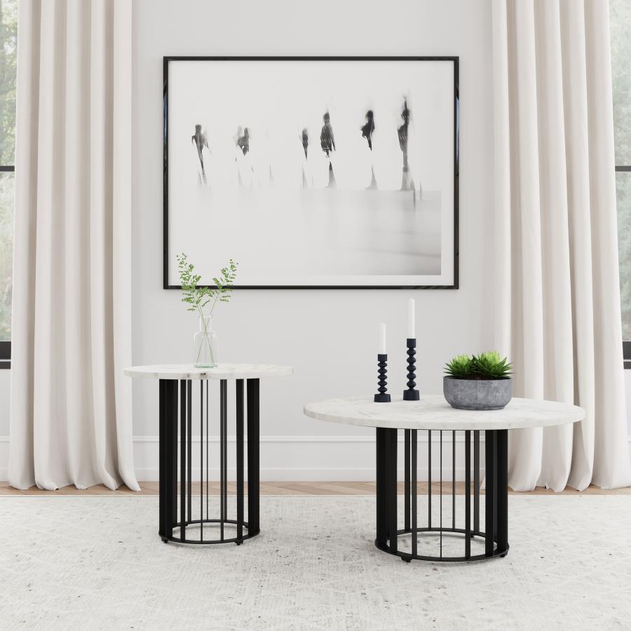 Haven 2-piece Round Marble Coffee and End Table Set Black | King | Black | 706208-S2