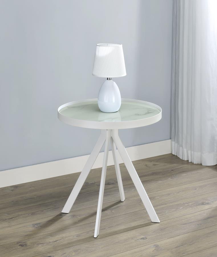 Briggs Round Marble Printed Glass Top End Side Table White | White | 706257