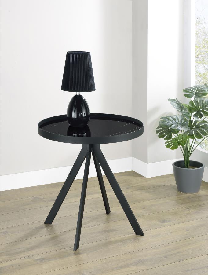 Briggs Round Marble Printed Glass Top End Table Black | Black | 706267