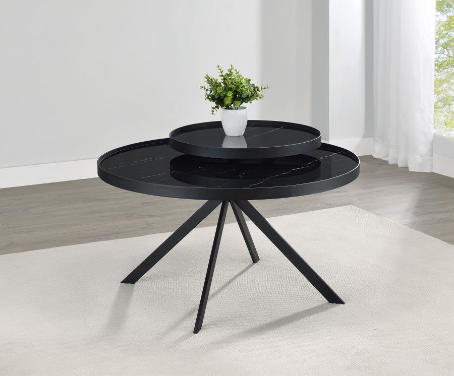 Briggs Round Marble Printed Glass Top Coffee Table Black | Black | 706268