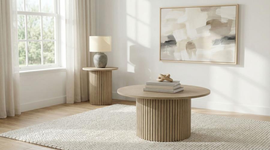 Hamlyn 2-piece Round Fluted Coffee and End Table Set Natural Oak | Beige | Natural Oak | 706498-S2