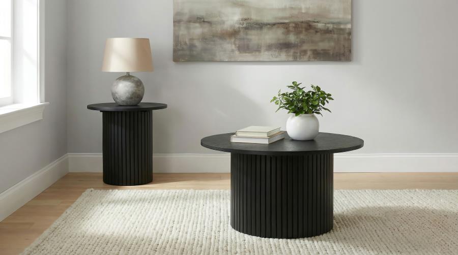Hamlyn 2-piece Round Fluted Coffee and End Table Set Black | Black | 706508-S2