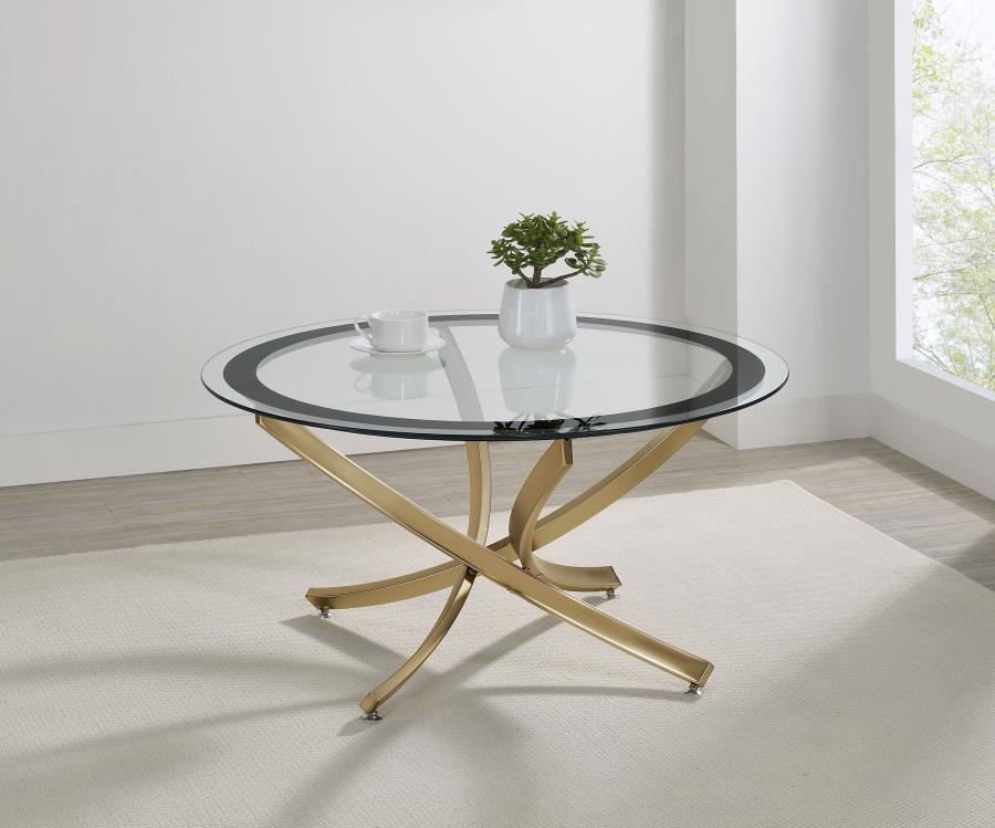 Brooke Round Glass Top Coffee Table Metal Base Brass | Full | Gold | Rose Brass | 707888
