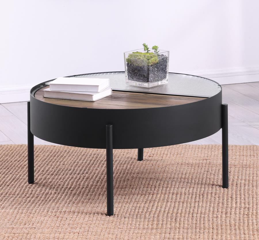 Ozella Round Coffee Table with Hidden Storage Sandy Black | Black | Sandy Black | 707898