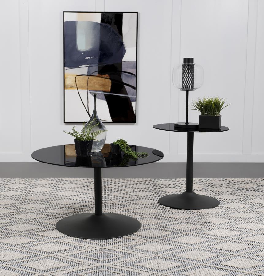 Ganso 2-piece Round Glass Top Coffee and End Table Set Black | King | Black | 709688-S2