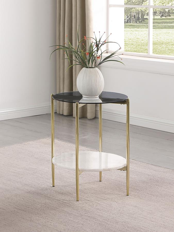Jonelle Round Glass Top End Table White Marble Shelf Gold | Multi | Smoke | 710337