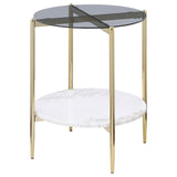 Jonelle Round Glass Top End Table White Marble Shelf Gold | Multi | Smoke | 710337