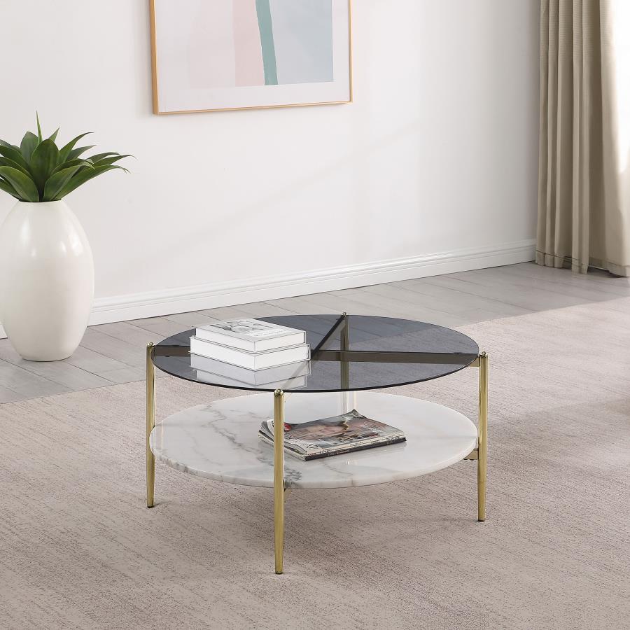 Jonelle Round Glass Top Coffee Table White Marble Shelf Gold | Multi | Smoke | 710338