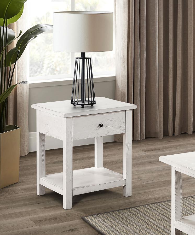 Payne 1-drawer Wood End Table with Shelf Distressed White | White | Distressed White | 710557