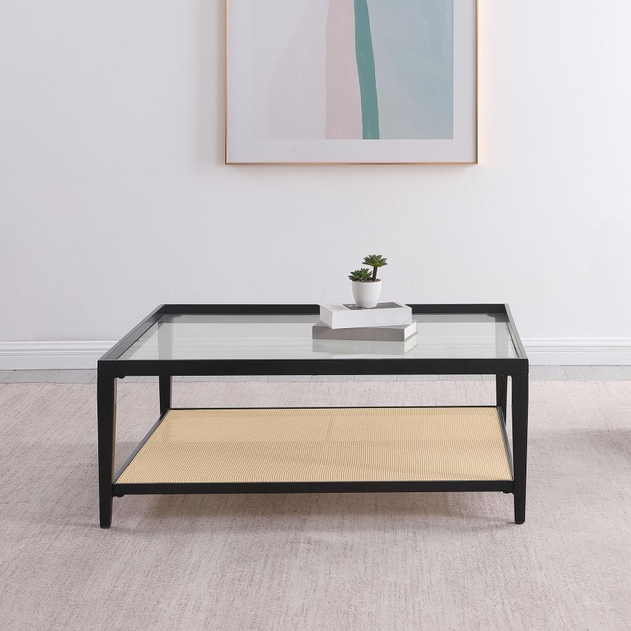 Amherst Glass Top Metal with Cane Shelf Coffee Table Black | Black | 710658