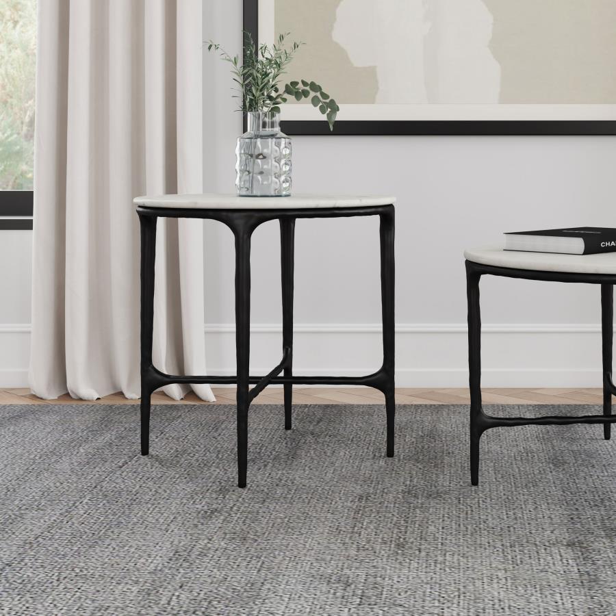 Hermas Round Genuine Marble Top Metal End Side Table White | Full | White | Black | 710737