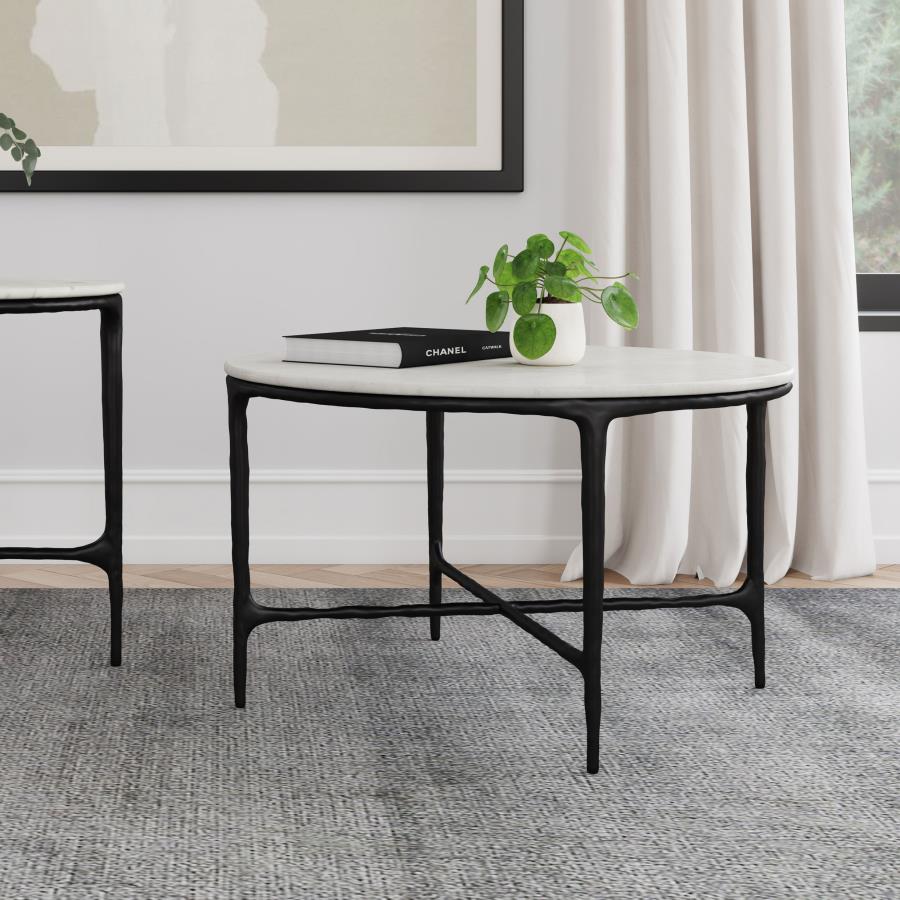 Hermas Round Genuine Marble Top Metal Coffee Table White | King | White | Black | 710738