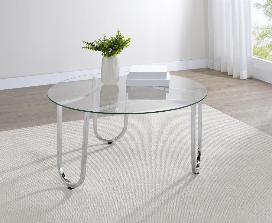Beller Round Tempered Glass Top Cocktail Coffee Table Chrome | King | Silver | Chrome | 710908