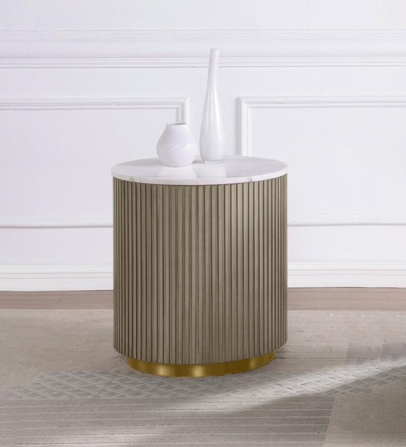 Jason Round White Marble Top Side End Table Greige
