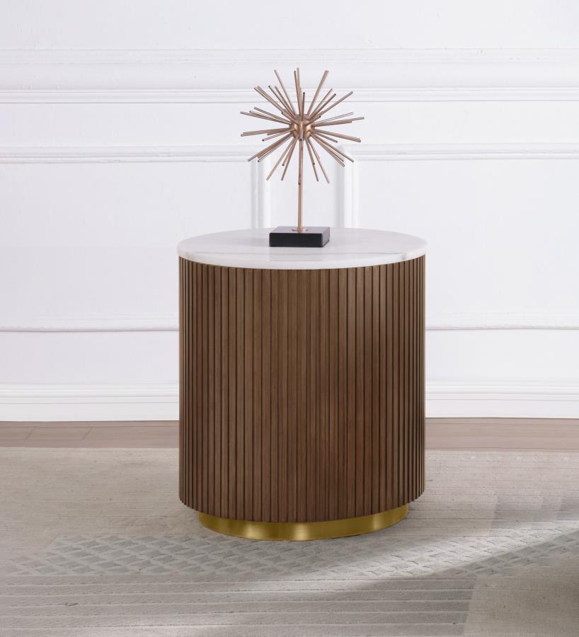Jason Round White Marble Top Side End Table Honey Brown | White | Honey Brown / White Marble | 712417