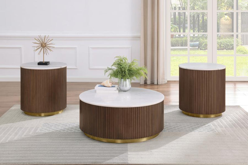 Jason 2-piece Round White Marble Coffee Table Set Honey Brown