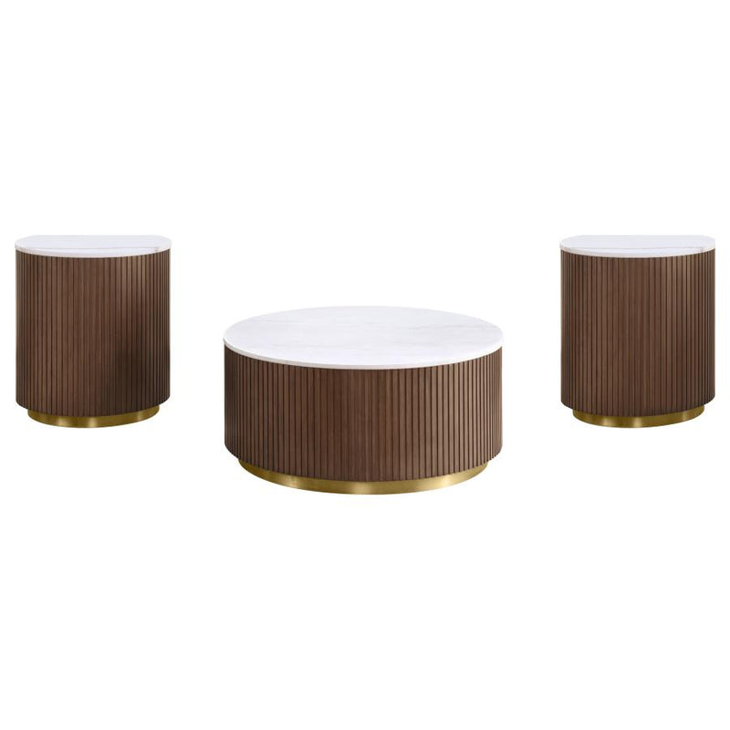 Jason 2-piece Round White Marble Coffee Table Set Honey Brown