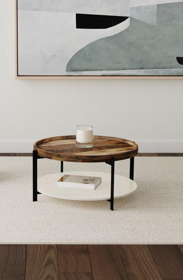 Adhvik Round Wood Top Marble Shelf Coffee Table Natural | Multi | Natural | 721888