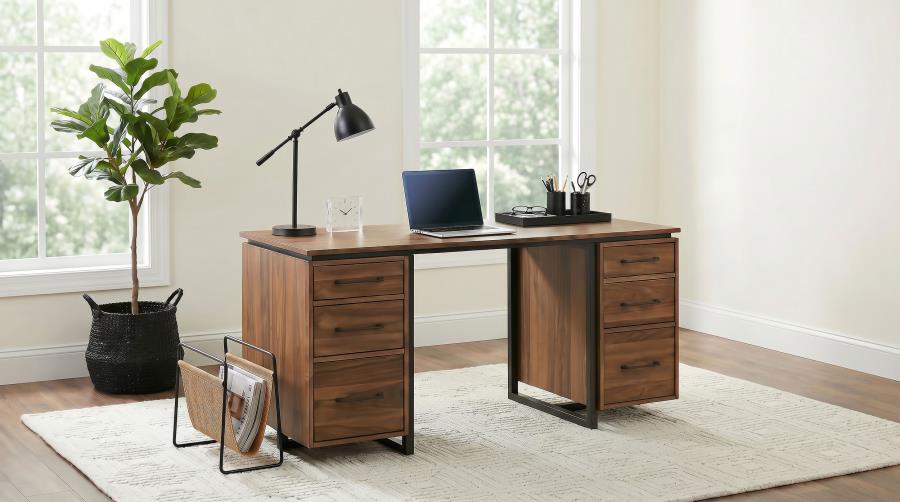 Berhalter 6-Drawer Double Pedestal File Computer Desk | Brown | Walnut / Black | 801596