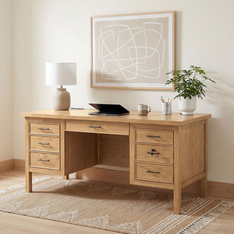 Vermes 66-inch 7-drawer Computer Desk with Power Outlet Light Ash | Full | Brown | Light Ash | 802062