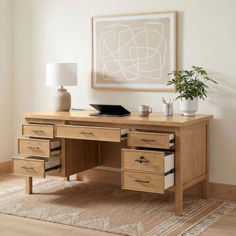 Vermes 66-inch 7-drawer Computer Desk with Power Outlet Light Ash