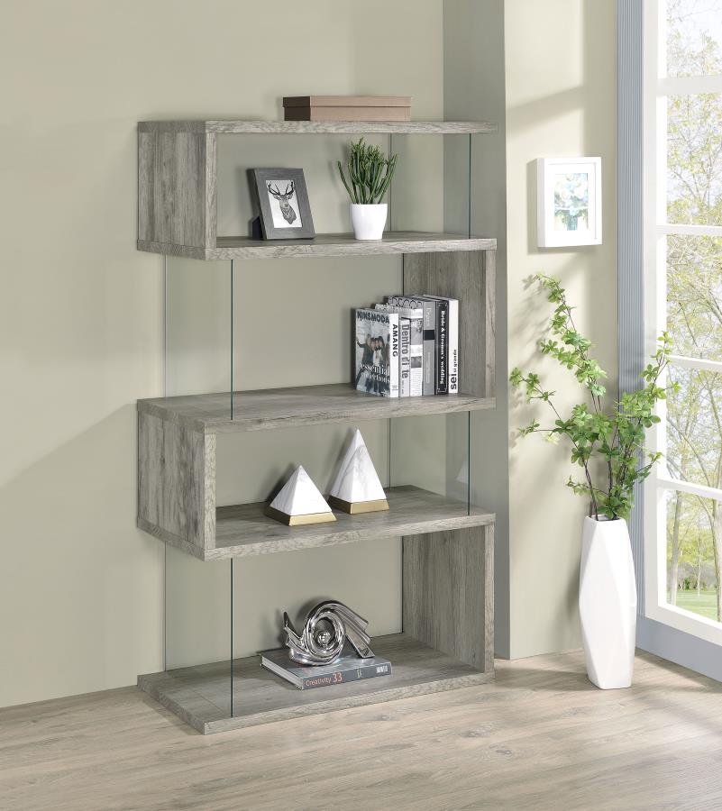 Emelle 63-inch 4-shelf Glass Panel Bookshelf Grey Driftwood | Grey | Grey Driftwood | 802340
