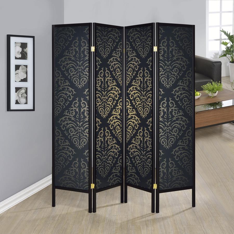 Haidera 4-Panel Room Divider Folding Screen Black Damask | King | Black | 901632