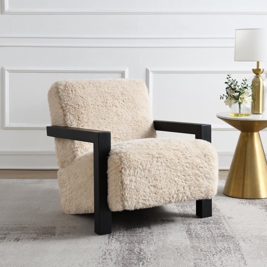 Fitzroy Faux Fur Upholstered Chair Solid Wood Arms Latte | King | Beige | Latte | 907533