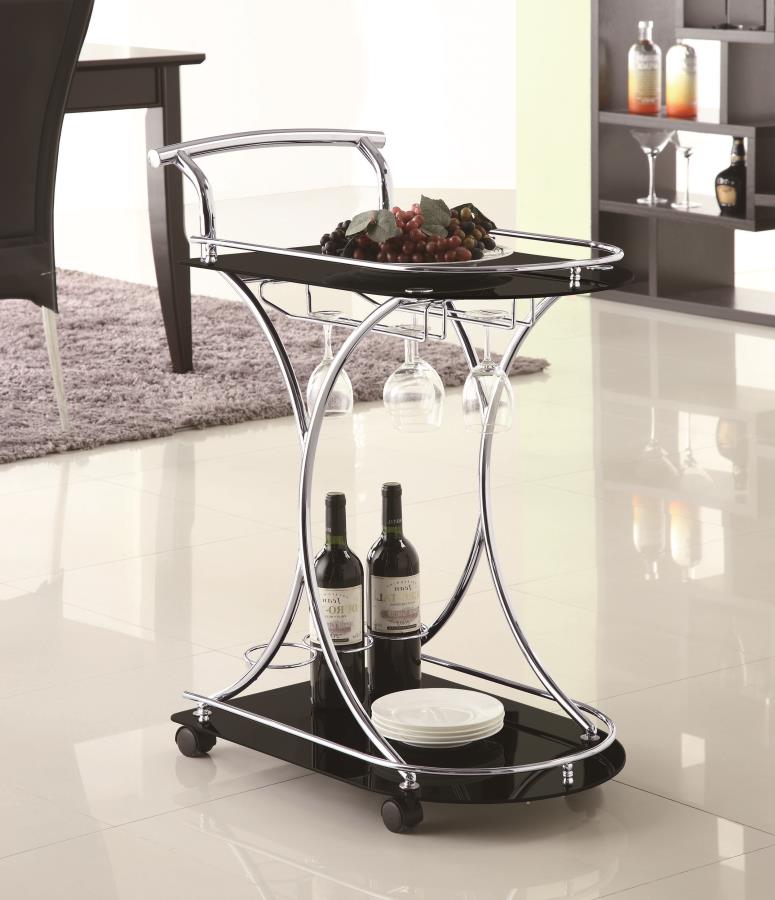 Elfman 2-tier Glass Shelf Metal Bar Cart Black and Chrome | Black | 910001